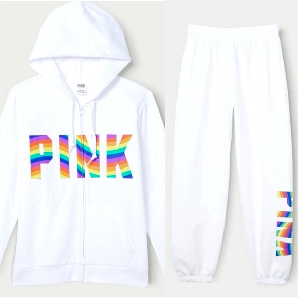 PINK Victoria's Secret Pants - 🌈NWT VS PINK RAINBOW WHITE MATCHING SET ZIP UP HOODIE / JOGGERS SIZE MEDIUM! HTF